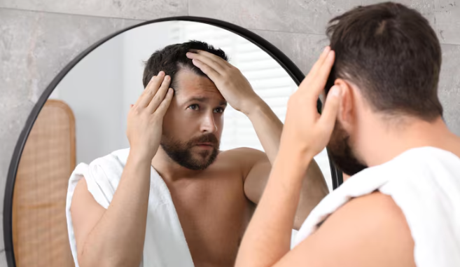 Homem com baixa auto estima se olhando no espelho